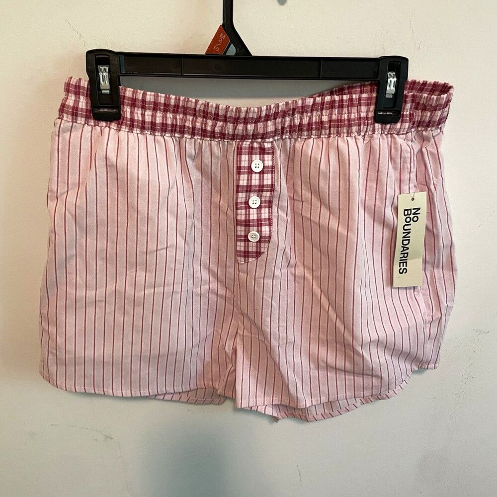 No Boundaries Women's Pink Red Striped Cotton Boxer Sleep Shorts Button M